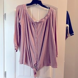 Off the shoulder sweater with tie at bottom